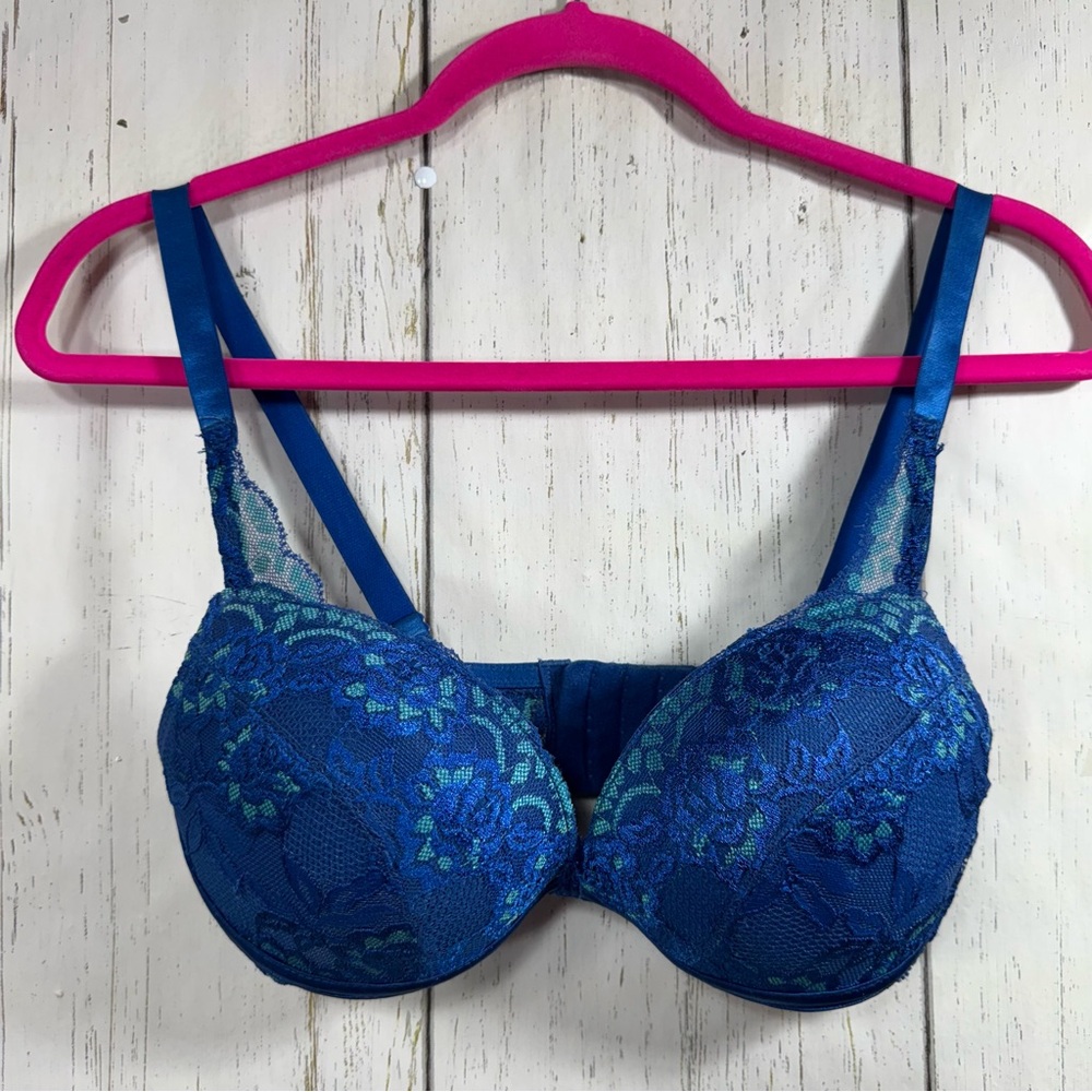 Frederick’s of Hollywood Blue Lace Push Up Bra 34D Underwire Padded - Picture 6 of 12